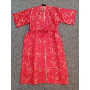 Vintage Double Peach Kimono Robe Womens Sz F1 Red Long Belted Brocade Silky EUC